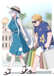 Rule 34 | 1boy, 1girl, akitokage, alternate costume, anastasia (fate), bag, bare arms, bare shoulders, belt, blonde hair, blue shirt, blurry, blurry background, border, breasts, character request, clenched teeth, collared shirt, commentary request, dress, dress shirt, facial hair, fate/grand order, fate (series), floral print, from side, goredolf musik, green dress, hand fan, hand up, hat, heavy, highres, holding, large breasts, long hair, mustache, open mouth, paper fan, sandals, shirt, shopping bag, short hair, sleeveless, smile, standing, sun hat, sunglasses, sweat, teeth, uchiwa, walking, white belt, white border, wrist cuffs