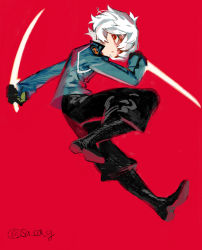 Rule 34 | 1boy, :o, amputee, black footwear, black gloves, black pants, blade, blue jacket, boots, dual wielding, from side, full body, gloves, glowing, hair over one eye, holding, holding sword, holding weapon, jacket, jumping, knee boots, kuga yuuma, long sleeves, looking at viewer, male focus, one eye covered, pants, pants tucked in, red background, red eyes, reverse grip, sacog, simple background, solo, sword, uniform, weapon, white hair, world trigger