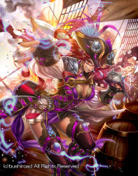 Rule 34 | 1girl, assault command carignan, barrel, braid, breasts, cardfight!! vanguard, cleavage, coga, company name, dark skin, dark-skinned female, eyepatch, fang, feathers, fingerless gloves, fire, gloves, hat, jewelry, long hair, nail polish, necklace, official art, orange eyes, pirate hat, pointy ears, red hair, ship, skull, solo, sword, teeth, thighhighs, torn clothes, watercraft, weapon