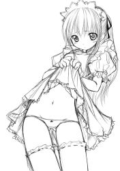 Rule 34 | 1girl, bosshi, clothes lift, greyscale, lowleg, lowleg panties, maid, monochrome, panties, simple background, skirt, skirt lift, solo, thigh gap, thighhighs, thighs, underwear