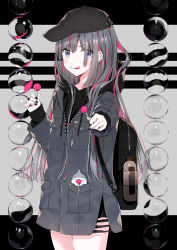 Rule 34 | 1girl, backpack, bag, black hair, black hoodie, black jacket, black nails, blue eyes, candy, commentary request, drawstring, eyes visible through hair, food, hair over one eye, highres, holding, holding candy, holding food, holding lollipop, hood, hood down, hoodie, jacket, lollipop, long hair, long sleeves, looking at viewer, multicolored hair, nail polish, original, parted lips, pink hair, sharp teeth, sleeves past wrists, solo, teeth, two-tone hair, very long hair, yadapot