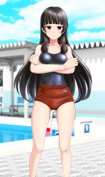 Rule 34 | 1girl, absurdres, black hair, black one-piece swimsuit, blue sky, breasts, buruma, cleavage, cloud, competition school swimsuit, crossed arms, day, feet out of frame, gym uniform, hair ribbon, highres, isokaze (kancolle), kantai collection, long hair, looking at viewer, medium breasts, one-piece swimsuit, outdoors, pool, poolside, red buruma, red eyes, ribbon, school swimsuit, sky, solo, starting block, swimsuit, swimsuit under clothes, takafumi, tress ribbon