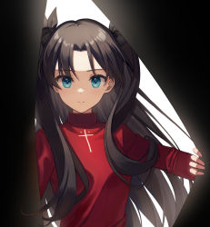 Rule 34 | 1girl, black bow, black hair, blue eyes, bow, closed mouth, curtains, fate/stay night, fate (series), hair bow, highres, long hair, long sleeves, looking at viewer, parted bangs, red sweater, simple background, smile, solo, sweater, tohsaka rin, two side up, upper body, white background, zhi (yammycheese)