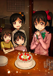Rule 34 | 1boy, 3girls, birthday, birthday cake, black hair, blouse, bowtie, brother and sister, brown hair, cake, collared shirt, commentary request, cup, drinking glass, food, fruit, happy birthday, highres, love live!, love live! school idol project, multiple girls, pink shirt, plate, poss, red eyes, shirt, short hair, siblings, sisters, sparkle, strawberry, striped bow, striped bowtie, striped clothes, twintails, white shirt, yazawa cocoa, yazawa cocoro, yazawa cotaro, yazawa nico, yellow shirt