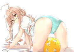 Rule 34 | 1girl, ahoge, all fours, aqua one-piece swimsuit, ass, ball, beachball, casual one-piece swimsuit, commentary request, double bun, from behind, glasses, kantai collection, long hair, looking at viewer, looking back, makigumo (kancolle), nagi (shunsuke-manage), one-piece swimsuit, pink hair, shirt, simple background, solo, swimsuit, tied shirt, twintails, white background, white shirt, yellow eyes