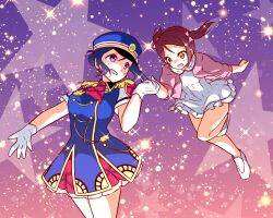 Rule 34 | 2girls, ascot, azukilib, blue dress, blue hat, blush, bow, breasts, brown hair, cowboy shot, cropped jacket, dress, earrings, epaulettes, eye contact, female focus, flat chest, frilled dress, frills, full body, gloves, gradient background, hair bow, hair bun, hand up, happy, hat, holding hands, jacket, jewelry, jumping, leg up, light blush, long sleeves, looking at another, looking back, love live!, love live! sunshine!!, matsuura kanan, multiple girls, open clothes, open jacket, open mouth, outstretched arm, peaked cap, pinafore dress, pink bow, pink jacket, purple background, purple eyes, purple hair, red ascot, sakurauchi riko, shirt, shoes, short dress, short hair, short sleeves, sidelocks, single hair bun, sleeveless, sleeveless dress, small breasts, smile, sparkle, standing, star (symbol), starry background, thighs, twintails, underlighting, white dress, white footwear, white gloves, white shirt
