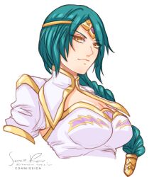 Rule 34 | 1girl, braid, braided ponytail, breasts, circlet, cleavage, commission, cropped torso, dress, fire emblem, fire emblem heroes, gem, gold trim, green hair, hair ornament, highres, large breasts, lips, long hair, looking at viewer, mature female, nintendo, sierra117renner, signature, single braid, smile, solo, thorr (fire emblem), white background, white dress, yellow eyes