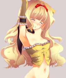 Rule 34 | 1girl, armpits, arms up, blonde hair, breasts, elbow gloves, erii (ciel), closed eyes, gloves, le ciel bleu, long hair, mofmof (sousa), nipple slip, nipples, small breasts, solo, stretching