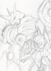 Rule 34 | armor, crests (digimon), dianamon, digimon, fusion, highres, omegamon, one eye closed, solo, wink
