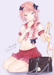 Rule 34 | 1girl, astolfo (fate), astolfo (sailor paladin) (fate), bag, black bow, bow, bra, braid, crop top, dated, fang, fang out, fate/grand order, fate (series), full body, hair bow, hand on own chest, highres, holding, holding bra, holding clothes, holding underwear, long braid, long hair, looking at viewer, male focus, midriff, miniskirt, multicolored hair, neckerchief, official alternate costume, pink hair, pink neckerchief, pleated skirt, purple eyes, red sailor collar, red skirt, sai (saipoko), sailor collar, school bag, school uniform, seiza, serafuku, signature, single braid, sitting, skirt, solo, streaked hair, trap, underwear, unworn bra, yellow bra