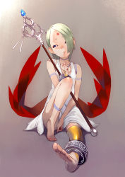 Rule 34 | 1girl, barefoot, blue eyes, breath of fire, breath of fire v, closed mouth, commentary request, dress, facial mark, feet, full-body tattoo, green hair, hair over one eye, jewelry, looking at viewer, nina (breath of fire v), red wings, short hair, solo, staff, tattoo, utu, weapon, white dress, wings