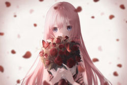Rule 34 | 1girl, amour (module), blurry, bouquet, bug, butterfly, covered mouth, depth of field, flower, holding, holding bouquet, insect, long hair, looking at viewer, megurine luka, nail polish, petals, pink hair, pink nails, project diva (series), red butterfly, red flower, red rose, rose, signature, solo, striped, user crvv2428, vocaloid