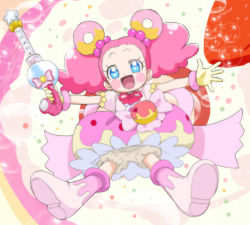 Rule 34 | 10s, 1girl, :d, bloomers, blue eyes, blush stickers, boots, bubble skirt, cure pekorin, gloves, haruyama kazunori, kirakira precure a la mode, magical girl, open mouth, outstretched arms, pekorin (precure), pink hair, precure, short hair, skirt, smile, solo, underwear, yellow gloves