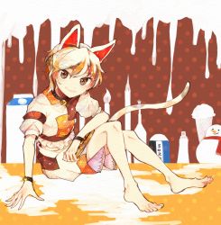 Rule 34 | 1girl, :3, animal ears, bare legs, barefoot, bell, black choker, box, brown background, brown hair, brown shirt, brown shorts, brush, cat ears, cat tail, choker, closed mouth, commentary request, english text, eraser, feet, food, goutokuji mike, hair between eyes, highres, ice cream, itomugi-kun, looking at viewer, milk, milk carton, multicolored clothes, multicolored hair, multicolored shirt, multicolored shorts, neck bell, orange background, orange eyes, orange hair, orange shirt, orange shorts, paintbrush, pencil, polka dot, polka dot background, puffy short sleeves, puffy sleeves, shirt, short hair, short sleeves, shorts, sitting, smile, snowman, solo, t-shirt, tail, toes, touhou, white hair, white shirt, white shorts, wristband