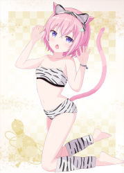 Rule 34 | 1girl, animal ear fluff, animal ears, animal print, bare arms, bare shoulders, barefoot, bikini, breasts, cat ears, cat girl, cat tail, checkered background, chestnut mouth, chinese zodiac, claw pose, collarbone, commentary request, fake animal ears, fang, full body, hair between eyes, hair ornament, hairband, hands up, head tilt, kneeling, leg warmers, navel, open mouth, original, pink hair, print bikini, purple eyes, short hair, small breasts, solo, star (symbol), star hair ornament, swimsuit, tail, tiger ears, tiger print, white bikini, white hairband, year of the tiger, yutsuki warabi