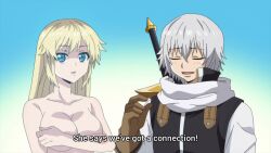 Rule 34 | 1boy, 1girl, animated, anime screenshot, ass, back, belt, black vest, blonde hair, blue eyes, blush, breasts, brown gloves, clothed male nude female, collarbone, completely nude, covering privates, covering breasts, covering nipples, gloves, groin, highres, large breasts, long hair, long sleeves, looking at viewer, nude, parted lips, shirt, sideboob, sound, subtitled, tagme, thighs, touka scott, vest, video, white hair, white shirt, yellow eyes, yuna yunis, yuusha ga shinda!