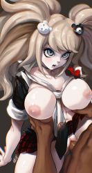Rule 34 | 1boy, 1girl, blonde hair, blue eyes, bow, bowtie, breasts, cleavage, clothed female nude male, clothed sex, cowgirl position, danganronpa (series), dark skin, enoshima junko, hetero, highres, large breasts, nipples, no bra, no panties, noblood (ryandomonica), nude, open mouth, sex, straddling, twintails
