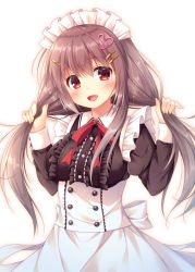 Rule 34 | 1girl, :d, apron, blush, brown dress, brown hair, bunching hair, center frills, commentary request, dress, fingernails, frilled dress, frills, fujikura ryuune, hair between eyes, hair ornament, hairclip, hands up, head tilt, heart, heart hair ornament, juliet sleeves, long hair, long sleeves, looking at viewer, maid, maid headdress, open mouth, original, puffy sleeves, red eyes, sidelocks, simple background, sleeves past wrists, smile, solo, very long hair, white apron, white background