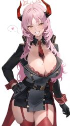 Rule 34 | 1girl, belt, black belt, black gloves, black skirt, blue archive, bra, breasts, commentary, cowboy shot, garter straps, gloves, grin, halo, hand on own hip, heart, highres, horns, jacket, large breasts, long hair, long sleeves, looking at viewer, military jacket, mole, mole on breast, necktie, parted bangs, pink hair, preview (preview0), red bra, red necktie, red thighhighs, romaji commentary, satsuki (blue archive), simple background, skindentation, skirt, smile, solo, spoken heart, thigh gap, thighhighs, thighs, underwear, white background, yellow eyes