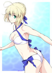 Rule 34 | 1girl, ahoge, artoria pendragon (all), artoria pendragon (fate), artoria pendragon (swimsuit archer) (fate), artoria pendragon (swimsuit archer) (first ascension) (fate), ass, bare shoulders, bikini, blonde hair, blue ribbon, braid, breasts, butt crack, cleavage, closed mouth, cowboy shot, criss-cross halter, fate/stay night, fate (series), from side, green eyes, hair ribbon, halterneck, kouda tomohiro, leaning forward, looking at viewer, medium breasts, outside border, ribbon, saber (fate), short hair, side-tie bikini bottom, smile, solo, standing, swimsuit, white bikini