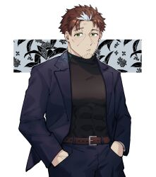 Rule 34 | 1boy, bara, belt, beryl gardernant, black jacket, black pants, black shirt, blazer, brown belt, brown hair, closed mouth, covered abs, facial hair, formal, goatee, green eyes, hands in pockets, highres, indietro verde, jacket, katainaka no ossan kensei ni naru, looking at viewer, male focus, mature male, multicolored hair, muscular, muscular male, open clothes, open jacket, pants, pectorals, shirt, simple background, solo, stubble, suit, turtleneck, two-tone hair, white hair