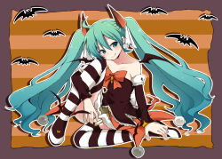 Rule 34 | 1girl, aqua hair, bare shoulders, bat (animal), blue eyes, fang, garter straps, halloween, hatsune miku, long hair, smile, solo, striped background, striped clothes, striped thighhighs, sudachi (calendar), thighhighs, twintails, vocaloid