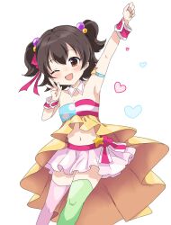 Rule 34 | 1girl, ;d, akagi miria, arm up, armpits, bare shoulders, blush, breasts, brown eyes, brown hair, collarbone, green thighhighs, heart, highres, idolmaster, idolmaster cinderella girls, looking at viewer, midriff, navel, one eye closed, open mouth, pink skirt, pink thighhighs, pink wrist cuffs, remiri nicoeli, short hair, simple background, skirt, small breasts, smile, solo, stomach, thighhighs, twintails, white background, wrist cuffs, zettai ryouiki