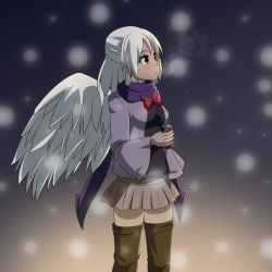Rule 34 | 1girl, :o, alternate costume, beige skirt, black background, black shirt, blurry, boots, bow, bowtie, breath, can, cato (monocatienus), coat, depth of field, half updo, holding, holding can, kishin sagume, looking to the side, looking up, miniskirt, open clothes, open coat, purple scarf, red bow, red bowtie, red eyes, scarf, shirt, short hair, silver hair, single wing, skirt, snowing, solo, thigh boots, thighhighs, touhou, wings