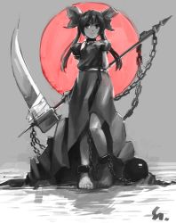 Rule 34 | 1girl, arms behind back, bad id, bad pixiv id, ball, barefoot, blueman, bow, chain, cuffs, feet, female focus, full body, hair bow, monochrome, original, scythe, solo, spot color, twintails