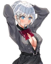 Rule 34 | 1girl, absurdres, black shirt, blue eyes, blush, bow, bowtie, closed mouth, grey jacket, hair ornament, hairclip, hand up, highres, jacket, light smile, long sleeves, looking at viewer, md5 mismatch, red bow, red bowtie, shirt, short hair, siesta (tantei wa mou shindeiru), silver hair, simple background, solo, tantei wa mou shindeiru, upper body, white background