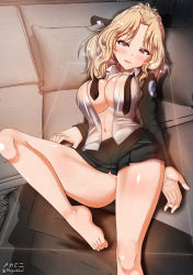 Rule 34 | 1girl, barefoot, blonde hair, blue eyes, blush, breasts, cleavage, collarbone, girls und panzer, green skirt, heart, highres, kay (girls und panzer), large breasts, looking at viewer, megadeko, military, military uniform, miniskirt, navel, no bra, no panties, open clothes, open mouth, open shirt, selection university military uniform, shiny skin, shirt, skirt, smile, solo, uniform, white shirt