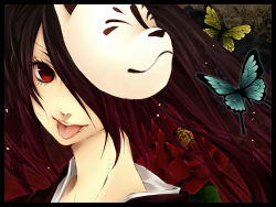 Rule 34 | 1girl, :p, asami yoruko, black hair, bug, butterfly, camellia, flower, fox mask, hair over one eye, hatsune miku, bug, long hair, mask, musunde hiraite rasetsu to mukuro (vocaloid), portrait, red eyes, smile, solo, tongue, tongue out, twintails, vocaloid