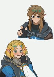 Rule 34 | 1boy, 1girl, black gloves, blue eyes, blue shirt, blush, closed mouth, d:, earrings, fingerless gloves, gloves, green eyes, hair between eyes, hand up, highres, jewelry, link, long hair, long sleeves, nintendo, open mouth, pointy ears, princess zelda, shirt, shuo yue, sidelocks, simple background, teeth, the legend of zelda, the legend of zelda: tears of the kingdom, upper teeth only, white background, white shirt