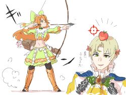 Rule 34 | 1boy, 1girl, absurdres, alfred (fire emblem), apple on head, archery, arrow (projectile), ascot, blue cape, bow, bow (weapon), cape, crop top, etie (fire emblem), fire emblem, fire emblem engage, green bow, green eyes, green shirt, green skirt, highres, holding, holding arrow, holding bow (weapon), holding weapon, nendo23, nintendo, orange gemstone, orange hair, prince, shirt, skirt, swept bangs, target practice, tiara, translation request, weapon, yellow ascot