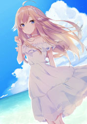 Rule 34 | 1girl, ahoge, bare shoulders, blue eyes, blue sky, blush, bow, closed mouth, cloud, cloudy sky, commentary request, day, dress, floating hair, hair between eyes, hair bow, hairband, hand up, horizon, light brown hair, long hair, looking at viewer, ocean, off-shoulder dress, off shoulder, original, outdoors, purin jiisan, see-through, sky, solo, standing, very long hair, water, white bow, white dress, white hairband