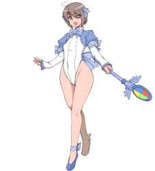 Rule 34 | 1girl, :d, ahoge, ankle ribbon, ballet slippers, blue bow, blue bowtie, blue ribbon, blue shirt, bob cut, bow, bowtie, breasts, brown eyes, brown hair, commentary, covered erect nipples, covered navel, full body, groin, hair between eyes, hair ribbon, highleg, highleg leotard, holding, holding staff, leg ribbon, leotard, long bangs, long sleeves, looking at viewer, madobe yuu, magical girl, microsoft windows, open mouth, os-tan, personification, puffy short sleeves, puffy sleeves, purple footwear, ribbon, ruriwo (ruriwo1894), shirt, short hair, short sleeves, shrug (clothing), simple background, small breasts, smile, solo, staff, walking, white background, white leotard, windows 8, windows logo, winged wand