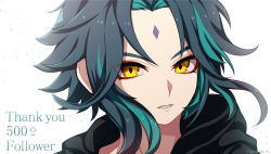 Rule 34 | 1boy, absurdres, ahoge, black hair, diamond-shaped pupils, diamond (shape), english text, eyes visible through hair, facial mark, forehead mark, genshin impact, green hair, highres, hood, hood down, long hair, looking at viewer, male focus, multicolored hair, open mouth, parted bangs, rvve, simple background, slit pupils, solo, symbol-shaped pupils, white background, xiao (genshin impact), yellow eyes
