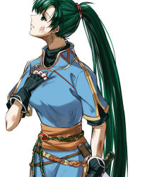 Rule 34 | 1girl, asymmetrical bangs, black gloves, black shirt, blue dress, breasts, bruise, china dress, chinese clothes, clenched teeth, delsaber, dress, earrings, fingerless gloves, fire emblem, fire emblem: the blazing blade, gloves, green eyes, green hair, hand on own chest, head back, holding, holding sword, holding weapon, injury, jewelry, katana, long hair, looking up, lyn (fire emblem), medium breasts, neck, nintendo, ponytail, sash, scabbard, sheath, shirt, short sleeves, simple background, solo, sword, teeth, turtleneck, unsheathed, very long hair, weapon, white background