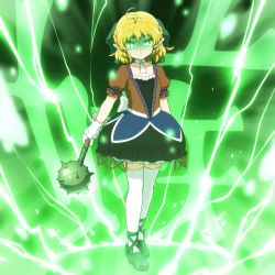 Rule 34 | 1girl, adapted costume, ahoge, black bow, black footwear, black shirt, black skirt, blonde hair, bow, brown jacket, closed mouth, commentary request, glowing, glowing eyes, green eyes, hair bow, holding, holding weapon, jacket, looking at viewer, mace, mizuhashi parsee, pointy ears, puffy short sleeves, puffy sleeves, shirosato, shirt, shoes, short sleeves, skirt, solo, spiked mace, spikes, thighhighs, touhou, valentine, weapon, white thighhighs