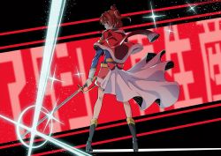 Rule 34 | 10s, 1girl, absurdres, aijou karen, boots, bow, brown eyes, brown hair, cape, from behind, hal-bard, highres, long hair, long sleeves, looking back, shoujo kageki revue starlight, skirt, solo, sword, twintails, weapon