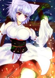Rule 34 | 1girl, absurdres, animal ears, bare shoulders, blush, breasts, detached sleeves, hat, highres, inubashiri momiji, japanese clothes, kotarou (yukina1721), large breasts, red eyes, short hair, silver hair, solo, touhou, wolf ears