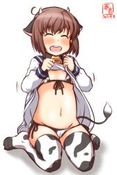 Rule 34 | 1girl, alternate costume, animal ears, animal print, artist logo, bell, belly, bikini, bikini under clothes, blue sailor collar, brown eyes, brown hair, cameltoe, commentary request, covered erect nipples, cow ears, cow horns, cow print, cow tail, cowbell, dated, dress, dress shirt, facing viewer, fake animal ears, fake horns, front-tie top, groin, horns, kanon (kurogane knights), kantai collection, lowleg, lowleg bikini, micro bikini, one-hour drawing challenge, open mouth, round teeth, sailor collar, sailor dress, shirt, short hair, side-tie bikini bottom, simple background, sitting, smile, solo, swimsuit, swimsuit under clothes, tail, teeth, thighhighs, upper teeth only, wariza, white background, white bikini, white dress, white thighhighs, yukikaze (kancolle)