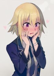 Rule 34 | 1girl, blazer, blonde hair, blush, embarrassed, fate/apocrypha, fate (series), formal, hair between eyes, hands on own face, heart, holding, holding face, jacket, jeanne d&#039;arc (fate), jeanne d&#039;arc (girl from orleans) (fate), jeanne d&#039;arc (ruler) (fate), looking down, necktie, open mouth, purple eyes, solo, upper body, walzrj, wristband