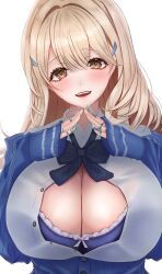 Rule 34 | 1girl, 403 oekaki suke, :d, belt pouch, blonde hair, blue bow, blue bowtie, blue jacket, blush, bowtie, breasts, brown eyes, claw ring, cleavage, collared shirt, fingers together, goddess of victory: nikke, hair ornament, huge breasts, jacket, long hair, looking at viewer, multiple rings, off-shoulder jacket, off shoulder, open mouth, partially unbuttoned, pouch, puffy sleeves, ring, shirt, simple background, sleeves past wrists, smile, solo, strap, tia (nikke), white background, white shirt