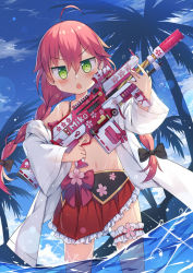 Rule 34 | 1girl, black bow, blue sky, blush, bow, bridal garter, day, fred04142, frilled skirt, frills, green eyes, gun, hair between eyes, hair bow, holding, holding gun, holding weapon, hololive, jacket, long hair, long sleeves, looking at viewer, navel, open clothes, open jacket, outdoors, palm tree, red hair, red skirt, sakura miko, sakura miko (1st costume), skirt, sky, solo, tree, twintails, v-shaped eyebrows, virtual youtuber, wading, water, weapon, white jacket