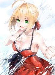 Rule 34 | 1girl, :d, ahoge, armpits, bare arms, bare shoulders, blonde hair, braid, breasts, cleavage, clenched hand, collarbone, commentary request, fate/grand order, fate (series), fingernails, french braid, frills, green eyes, hair between eyes, hair bun, hair intakes, hair ribbon, hand on own chest, hands up, large breasts, looking at viewer, nero claudius (fate), nero claudius (fate) (all), nero claudius (swimsuit caster) (fate), official alternate costume, one-piece swimsuit, open mouth, red one-piece swimsuit, red ribbon, ribbon, short hair, sidelocks, single hair bun, smile, solo, swimsuit, teeth, upper teeth only, v-shaped eyebrows, waka (shark waka), water