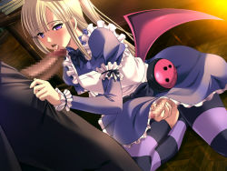 Rule 34 | 2boys, apron, arm cuffs, ball, basketweave, black bow, black bowtie, black pants, blank eyes, blonde hair, blue dress, blush, book, book stack, bow, bowtie, caym, censored, demonion ii: maou to sannin no joou, detached wings, dress, dutch angle, erection, eyebrows, fellatio, floor, frilled dress, frills, futa with male, futanari, grabbing, hair intakes, indoors, kneeling, licking, long hair, looking at viewer, m&amp;m, maid, maid apron, male focus, male on futa, masturbation, mosaic censoring, multiple boys, non-web source, on floor, oral, out of frame, pants, pantyhose, penis, purple eyes, saliva, sapphire (demonion), sitting, small penis, solo focus, striped clothes, striped legwear, striped pantyhose, thighhighs, tongue, tongue out, trap, twintails, wings, wooden floor, yaoi