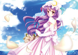 Rule 34 | 1girl, aosuke (ayakawa akito), blurry, blush, bouquet, crescent, depth of field, dress, elbow gloves, female focus, flower, gloves, long hair, patchouli knowledge, petals, purple eyes, purple hair, smile, solo, tears, touhou, veil, wedding dress, white gloves