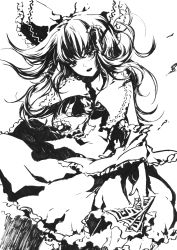 Rule 34 | 1girl, between fingers, bow, female focus, floating hair, greyscale, hair bow, hair tubes, hakurei reimu, high contrast, highres, holding, long hair, monochrome, ofuda, open mouth, ritz (h322), solo, touhou, traditional media