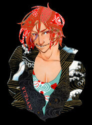 Rule 34 | 1boy, animal print, artist name, black background, black jacket, black sleeves, blue tank top, collarbone, collared jacket, commentary, english commentary, fish print, floral print, free!, full body, grin, jacket, long sleeves, male focus, matsuoka rin, pectoral cleavage, pectorals, red eyes, red hair, short hair, simple background, smile, solo, tank top, thick eyebrows, wave print, yutaan